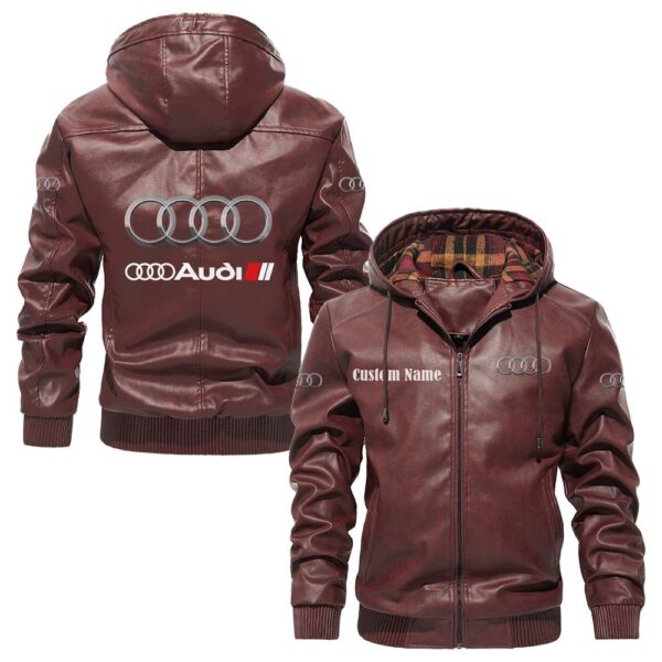 Custom Name Audi Sport PU Leather Hooded Jacket - Personalized Logo Car Motorcycle Model - Image 2