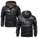 Custom Name Audi Quattro PU Leather Hooded Jacket - Personalized Logo Car Motorcycle Model