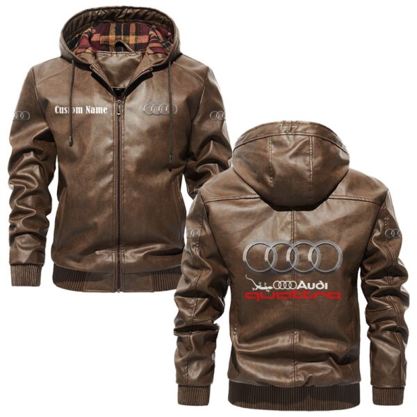 Custom Name Audi Quattro PU Leather Hooded Jacket - Personalized Logo Car Motorcycle Model - Image 3