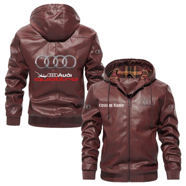 Custom Name Audi Quattro PU Leather Hooded Jacket - Personalized Logo Car Motorcycle Model - Image 2