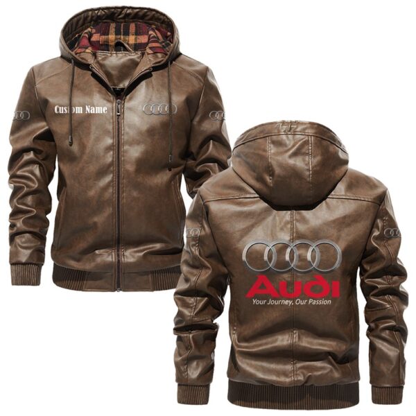 Custom Name Audi PU Leather Hooded Jacket - Personalized Logo Car Motorcycle Model - Image 3