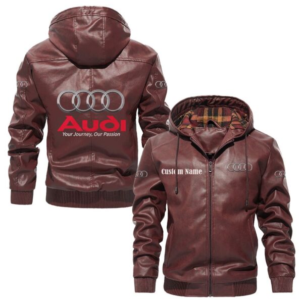 Custom Name Audi PU Leather Hooded Jacket - Personalized Logo Car Motorcycle Model - Image 2