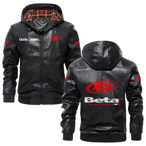 Custom Name Beta PU Leather Hooded Jacket - Personalized Logo Car Motorcycle Model