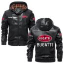 Custom Name Bugatti PU Leather Hooded Jacket - Personalized Logo Car Motorcycle Model