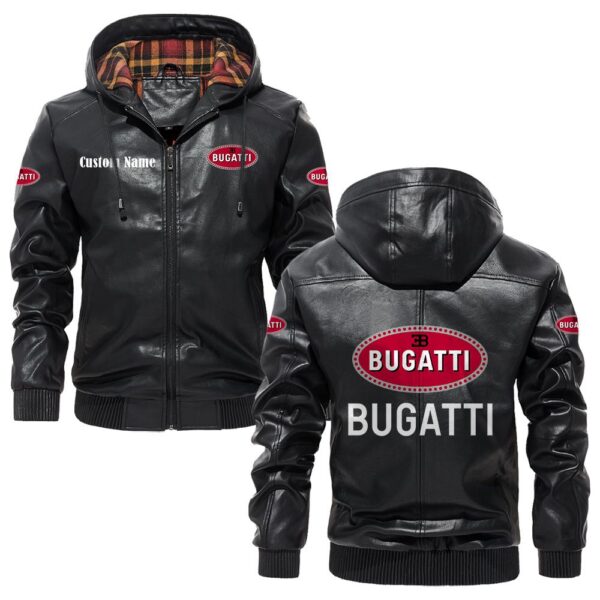 Custom Name Bugatti PU Leather Hooded Jacket - Personalized Logo Car Motorcycle Model