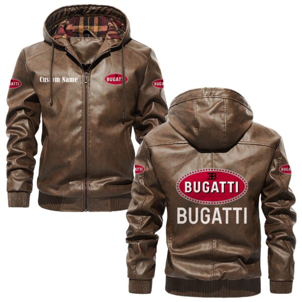 Custom Name Bugatti PU Leather Hooded Jacket - Personalized Logo Car Motorcycle Model - Image 3