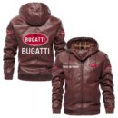 Custom Name Bugatti PU Leather Hooded Jacket - Personalized Logo Car Motorcycle Model