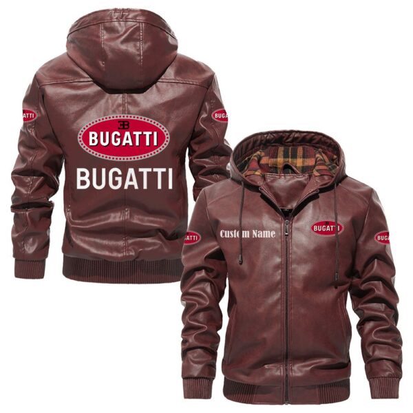 Custom Name Bugatti PU Leather Hooded Jacket - Personalized Logo Car Motorcycle Model - Image 2