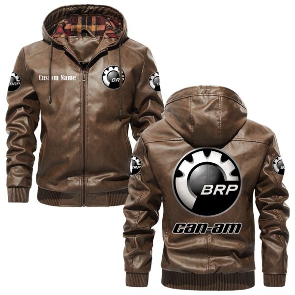 Custom Name Can Am PU Leather Hooded Jacket - Personalized Logo Car Motorcycle Model - Image 3