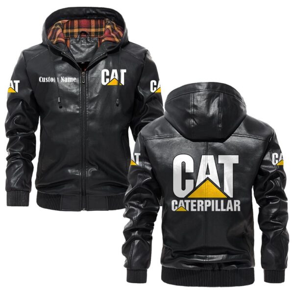 Custom Name Caterpillar PU Leather Hooded Jacket - Personalized Logo Car Motorcycle Model