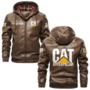 Custom Name Caterpillar PU Leather Hooded Jacket - Personalized Logo Car Motorcycle Model