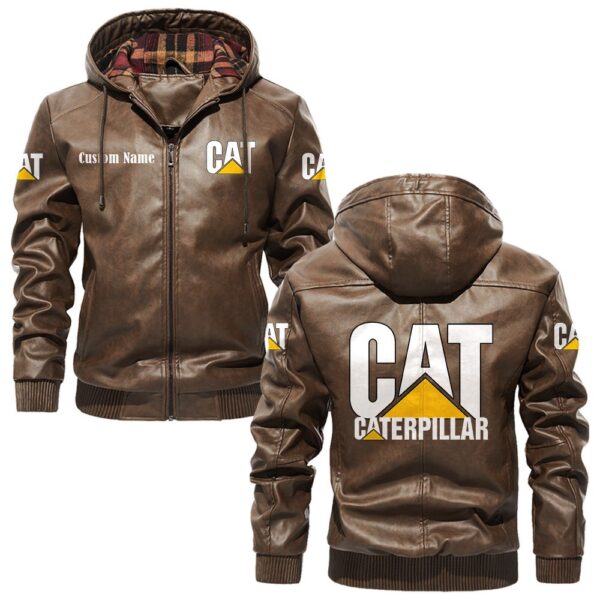 Custom Name Caterpillar PU Leather Hooded Jacket - Personalized Logo Car Motorcycle Model - Image 3