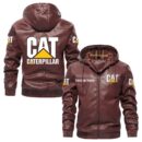 Custom Name Caterpillar PU Leather Hooded Jacket - Personalized Logo Car Motorcycle Model