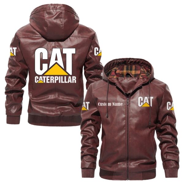Custom Name Caterpillar PU Leather Hooded Jacket - Personalized Logo Car Motorcycle Model - Image 2