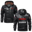 Custom Name Claas PU Leather Hooded Jacket - Personalized Logo Car Motorcycle Model