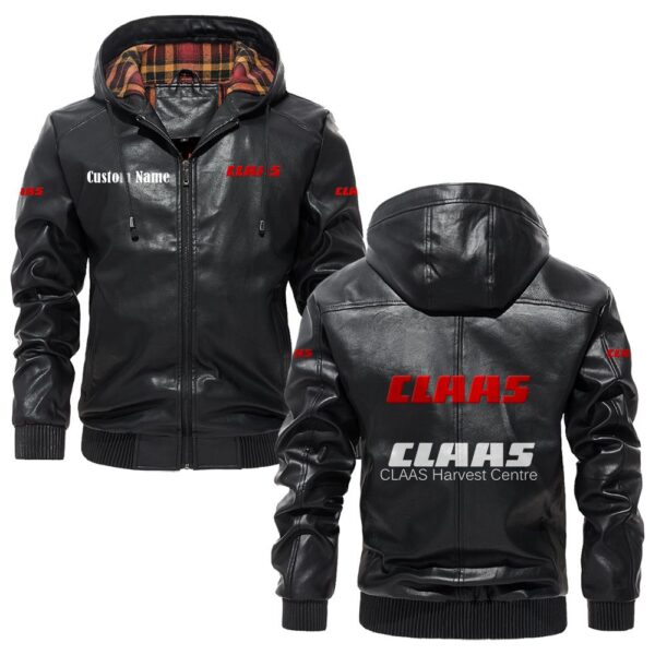 Custom Name Claas PU Leather Hooded Jacket - Personalized Logo Car Motorcycle Model