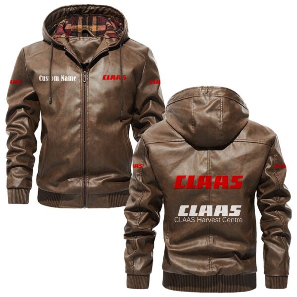 Custom Name Claas PU Leather Hooded Jacket - Personalized Logo Car Motorcycle Model - Image 3