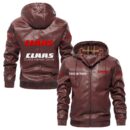 Custom Name Claas PU Leather Hooded Jacket - Personalized Logo Car Motorcycle Model