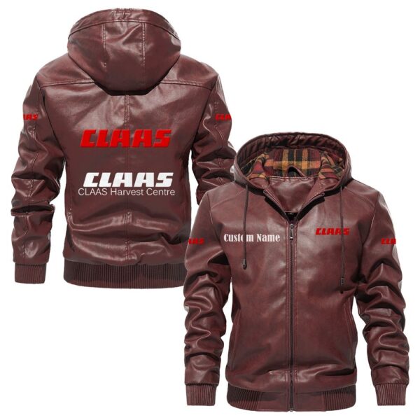Custom Name Claas PU Leather Hooded Jacket - Personalized Logo Car Motorcycle Model - Image 2