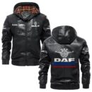 Custom Name Daf PU Leather Hooded Jacket - Personalized Logo Car Motorcycle Model