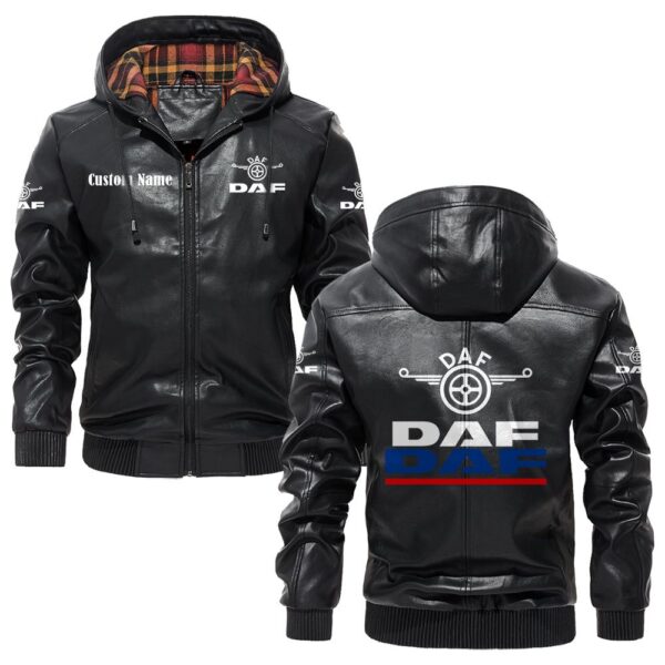 Custom Name Daf PU Leather Hooded Jacket - Personalized Logo Car Motorcycle Model