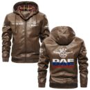 Custom Name Daf PU Leather Hooded Jacket - Personalized Logo Car Motorcycle Model