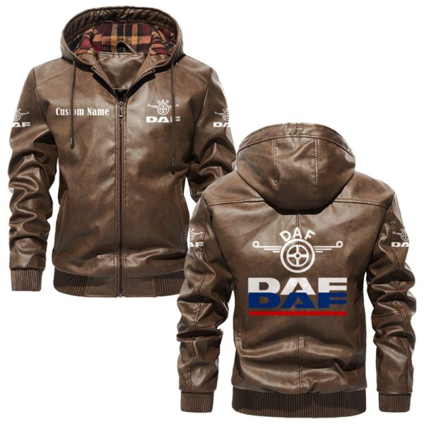 Custom Name Daf PU Leather Hooded Jacket - Personalized Logo Car Motorcycle Model - Image 3