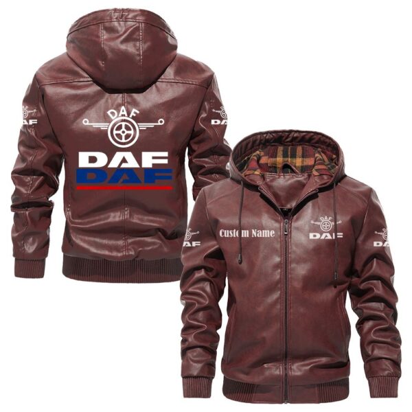 Custom Name Daf PU Leather Hooded Jacket - Personalized Logo Car Motorcycle Model - Image 2