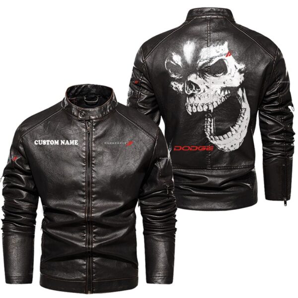 Custom Name Dodge Skull Leather Jacket - Personalized Logo Car Motorcycle Model - Image 3