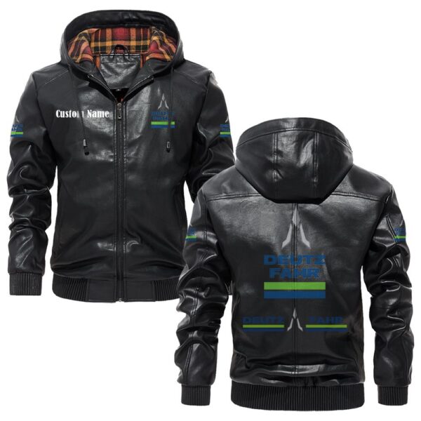 Custom Name Deutz Fahr PU Leather Hooded Jacket - Personalized Logo Car Motorcycle Model