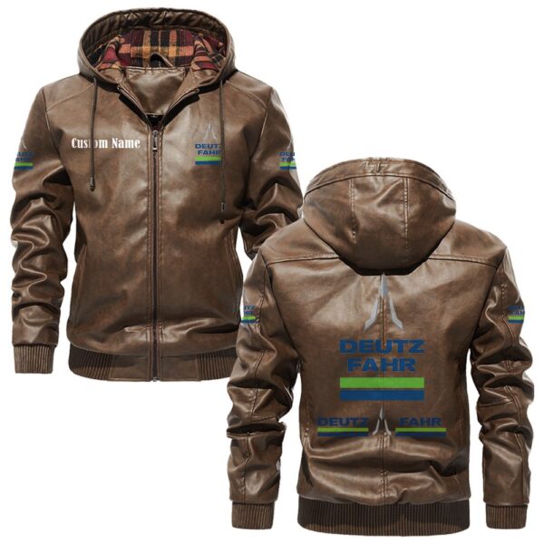 Custom Name Deutz Fahr PU Leather Hooded Jacket - Personalized Logo Car Motorcycle Model - Image 3