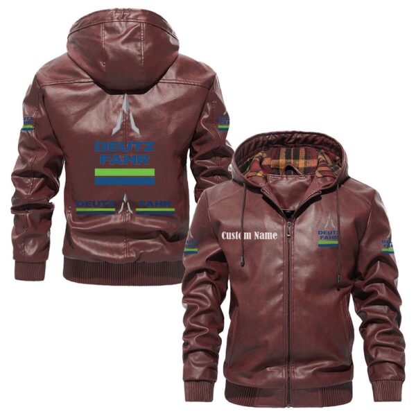 Custom Name Deutz Fahr PU Leather Hooded Jacket - Personalized Logo Car Motorcycle Model - Image 2