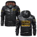 Custom Name Dewalt PU Leather Hooded Jacket - Personalized Logo Car Motorcycle Model