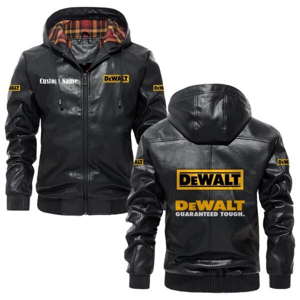 Custom Name Dewalt PU Leather Hooded Jacket - Personalized Logo Car Motorcycle Model