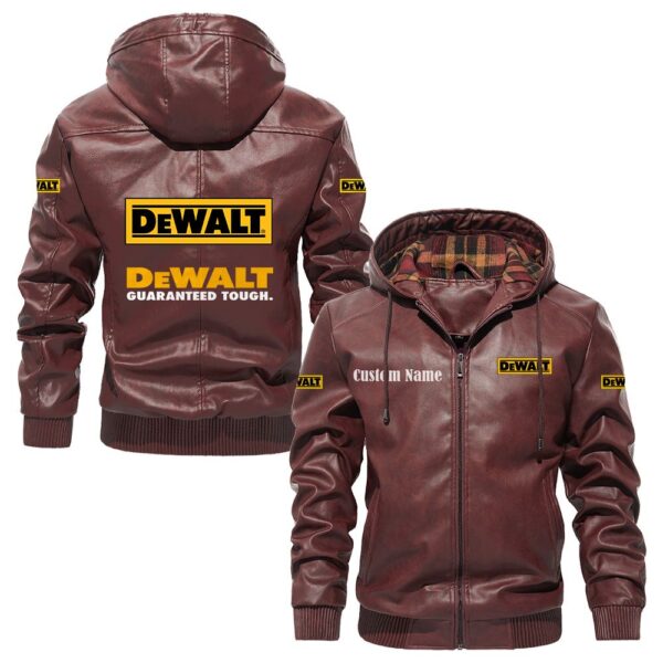 Custom Name Dewalt PU Leather Hooded Jacket - Personalized Logo Car Motorcycle Model - Image 2