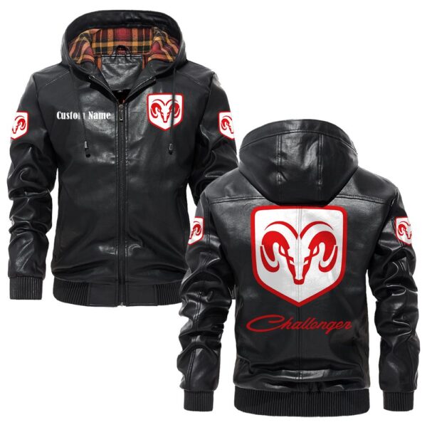 Custom Name Dodge Challenger PU Leather Hooded Jacket - Personalized Logo Car Motorcycle Model