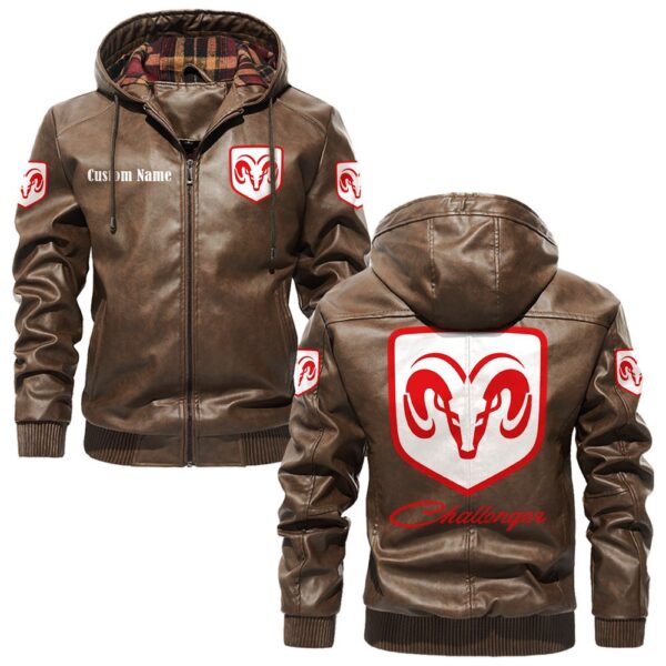 Custom Name Dodge Challenger PU Leather Hooded Jacket - Personalized Logo Car Motorcycle Model - Image 3