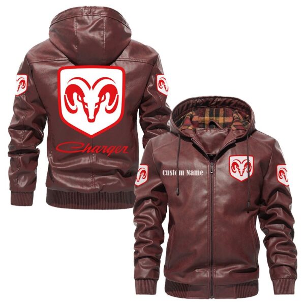 Custom Name Dodge Charger PU Leather Hooded Jacket - Personalized Logo Car Motorcycle Model - Image 2