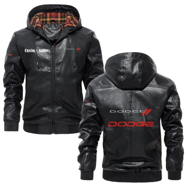 Custom Name Dodge PU Leather Hooded Jacket - Personalized Logo Car Motorcycle Model