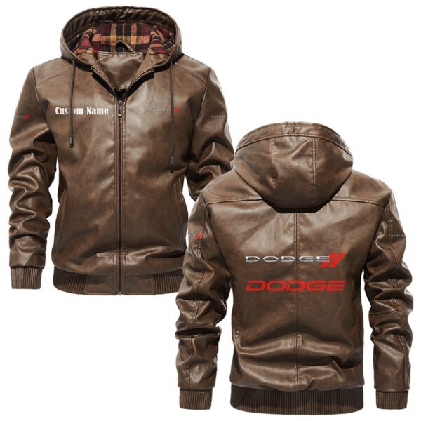 Custom Name Dodge PU Leather Hooded Jacket - Personalized Logo Car Motorcycle Model - Image 3