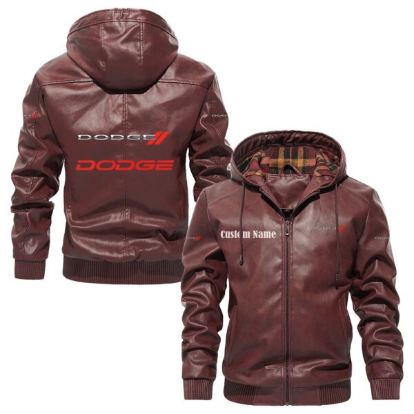 Custom Name Dodge PU Leather Hooded Jacket - Personalized Logo Car Motorcycle Model - Image 2