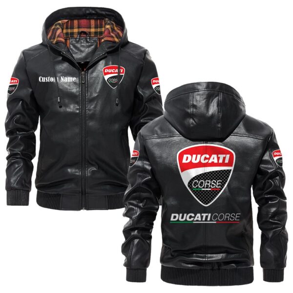 Custom Name Ducati Corse PU Leather Hooded Jacket - Personalized Logo Car Motorcycle Model