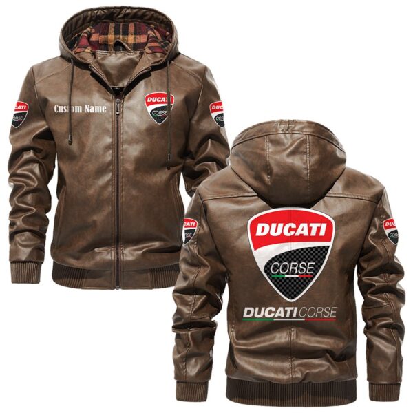 Custom Name Ducati Corse PU Leather Hooded Jacket - Personalized Logo Car Motorcycle Model - Image 3