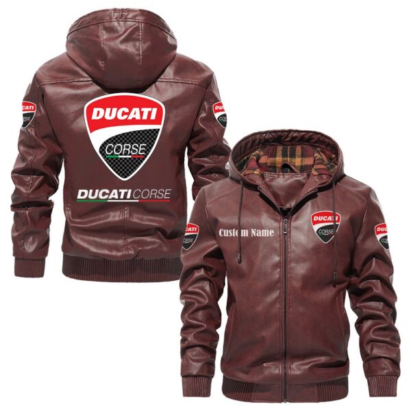 Custom Name Ducati Corse PU Leather Hooded Jacket - Personalized Logo Car Motorcycle Model - Image 2