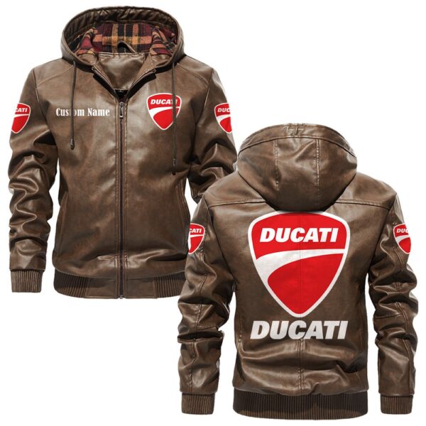 Custom Name Ducati PU Leather Hooded Jacket - Personalized Logo Car Motorcycle Model - Image 3