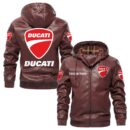 Custom Name Ducati PU Leather Hooded Jacket - Personalized Logo Car Motorcycle Model