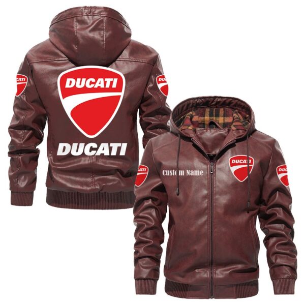 Custom Name Ducati PU Leather Hooded Jacket - Personalized Logo Car Motorcycle Model - Image 2
