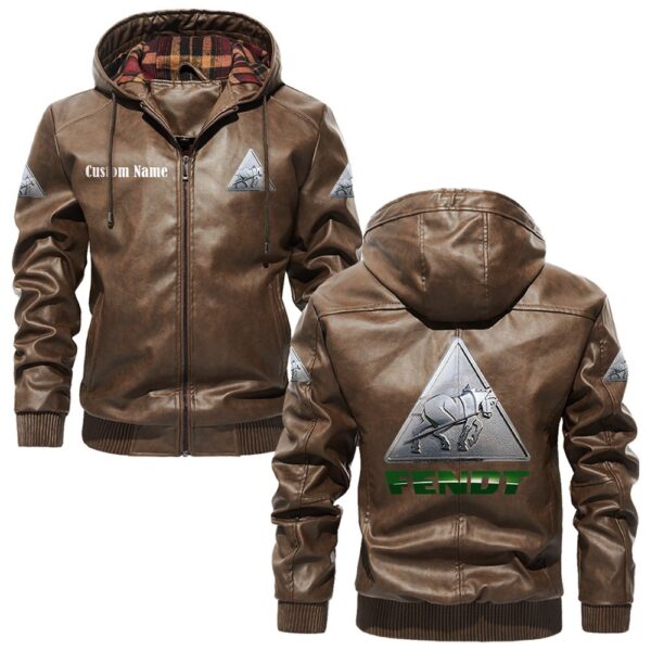Custom Name Fendt PU Leather Hooded Jacket - Personalized Logo Car Motorcycle Model - Image 3