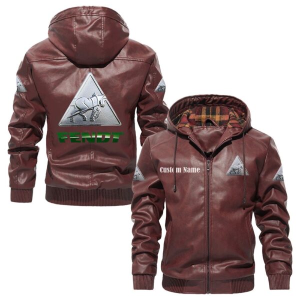 Custom Name Fendt PU Leather Hooded Jacket - Personalized Logo Car Motorcycle Model - Image 2