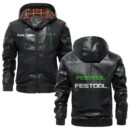 Custom Name Festool PU Leather Hooded Jacket - Personalized Logo Car Motorcycle Model